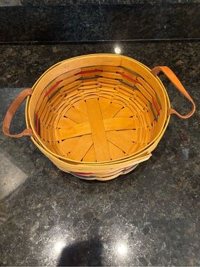Longaberger Yellow Woven Basket with Brown Handles and Red/Green Accents